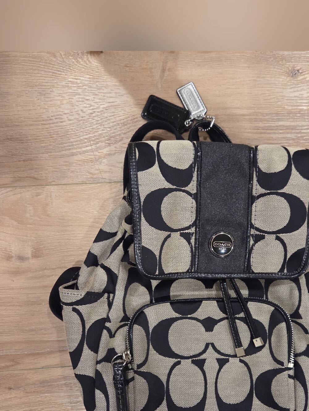 Coach Khaki and Black Signature Canvas Backpack